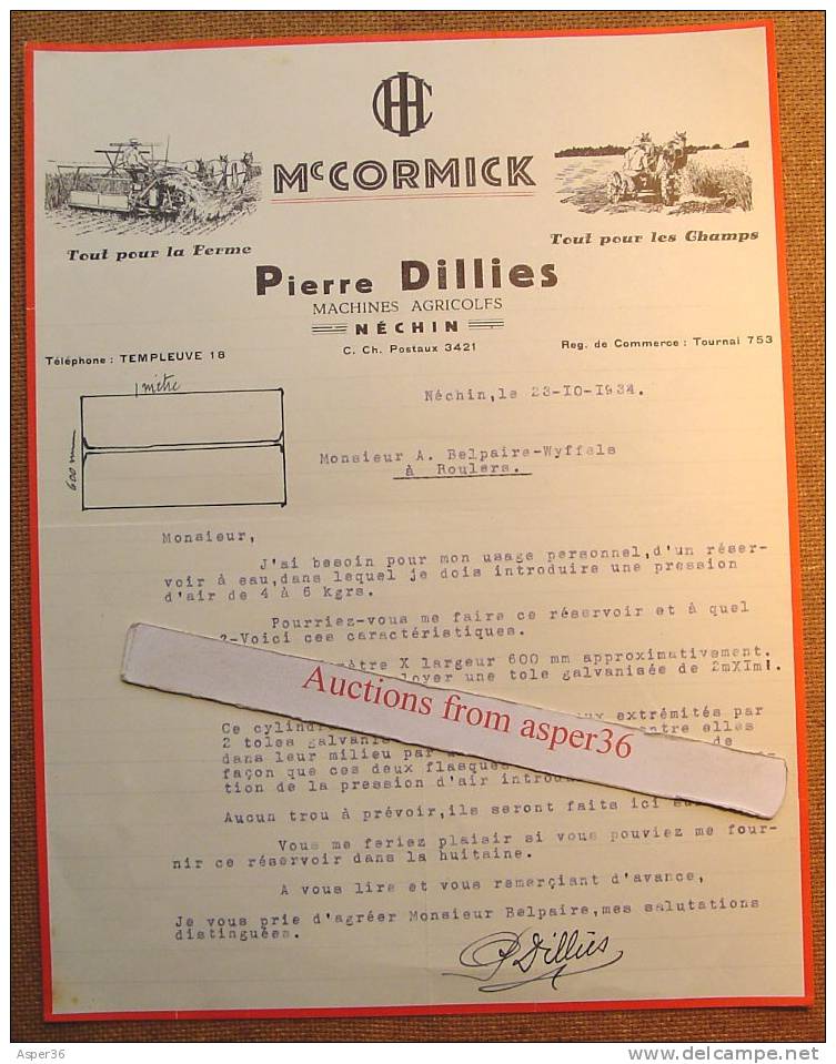 Lettre "Machines Agricoles, Pierre Dillies, Néchin 1934" - 1900 – 1949