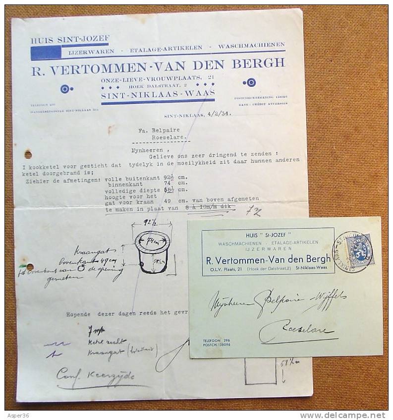 Kaart & Brief "Ijzerwaren Vertommen-Van Den Bergh, Sint-Niklaas-Waas 1934" - 1900 – 1949