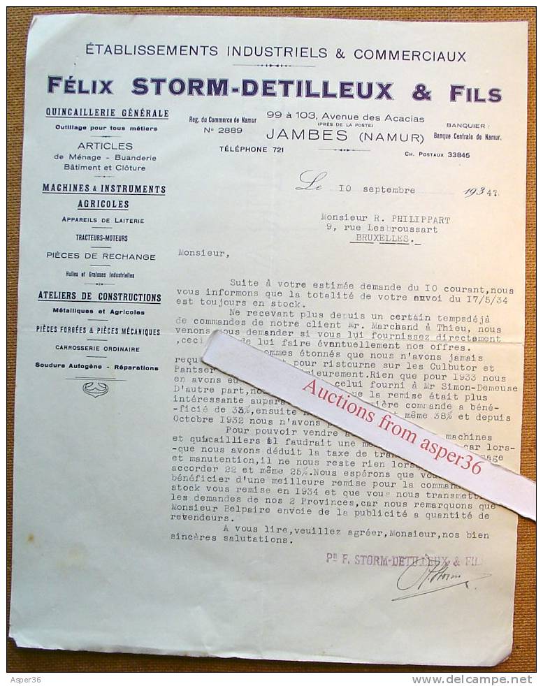 Lettre "Quincaillerie Félix Storm-Detilleux, Jambes 1934" - 1900 – 1949
