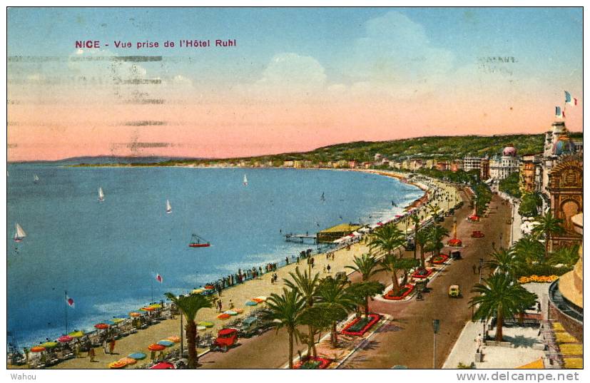 NICE    -    Vue Prise De L' Hôtel Ruhl       (Carte Ancienne Colorisée, Ayant Voyagé En 1936) - Scènes Du Vieux-Nice