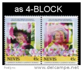 NEVIS 1985, Queen Mother 45c Se-tenant 4-BLOCK ERROR Colour Shift   [Fehler,erreur,errore,fout] - St.Kitts And Nevis ( 1983-...)