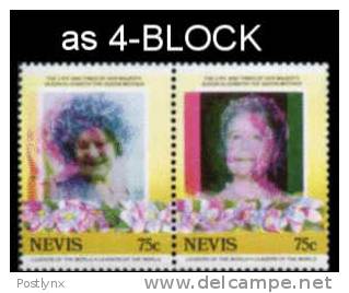 NEVIS 1985, Queen Mother 75c Se-tenant 4-BLOCK ERROR Colour Shift   [Fehler,erreur,errore,fout] - St.Kitts-et-Nevis ( 1983-...)