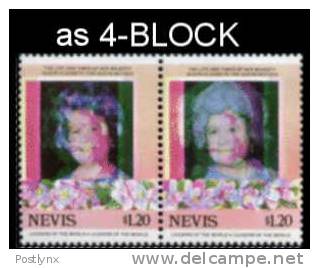 NEVIS 1985, Queen Mother $1.20, Se-tenant 4-BLOCK ERROR Colour Shift   [Fehler,erreur,errore,fout] - St.Kitts En Nevis ( 1983-...)