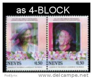 NEVIS 1985, Queen Mother $1.50, Se-tenant 4-BLOCK ERROR Colour Shift   [Fehler,erreur,errore,fout] - St.Kitts-et-Nevis ( 1983-...)