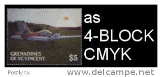 ST.VINCENT GRENADINES 1988, Airplane $5 ERROR:Logo No Blue,4-BLOCK CMYK   [Fehler,erreur,errore,fout] - St.Vincent (1979-...)