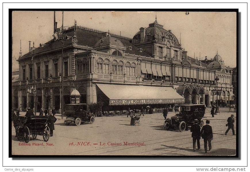 06 NICE, Casino Municipal, Tacots, Attelage, Grand Café Podel, Ed Picard -16-voyagé 1910, Pli Sup.D. - Cafés, Hotels, Restaurants