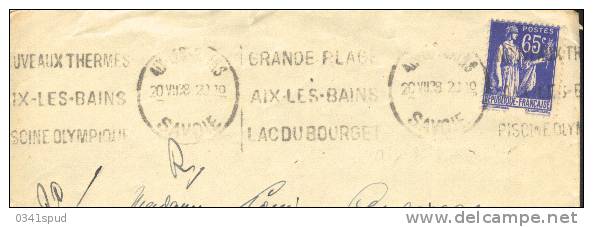 France 73 Savoie 1938  Flamme Krag  Aix Les Bains Lac Bourget Thérmes Terme Sur Lettre éntiere - Thermalisme