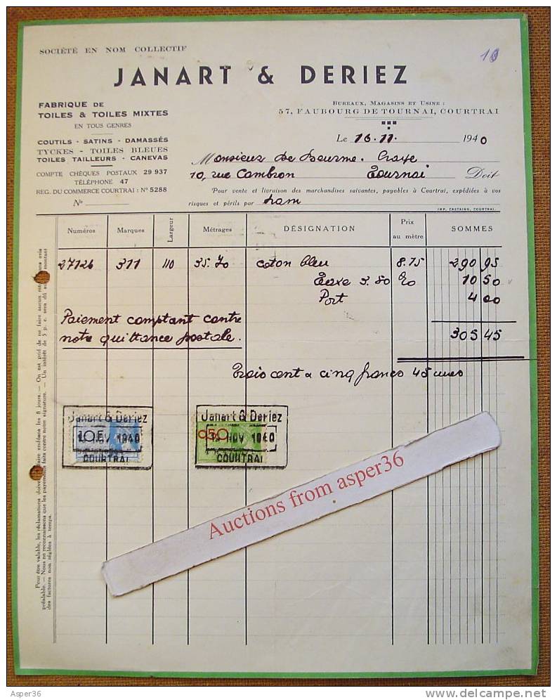 Factuur "Fabrique De Toiles, Janart & Deriez, Kortrijk 1940" - 1900 – 1949