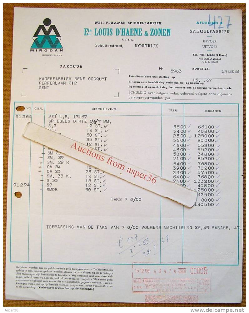 Factuur "Spiegelfabriek, Louis D'Haene & Zonen, Kortrijk 1966" - 1950 - ...