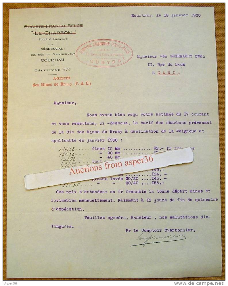 Brief "Comptoir Charbonnier Franco-Belge, Kortrijk 1930" - 1900 – 1949
