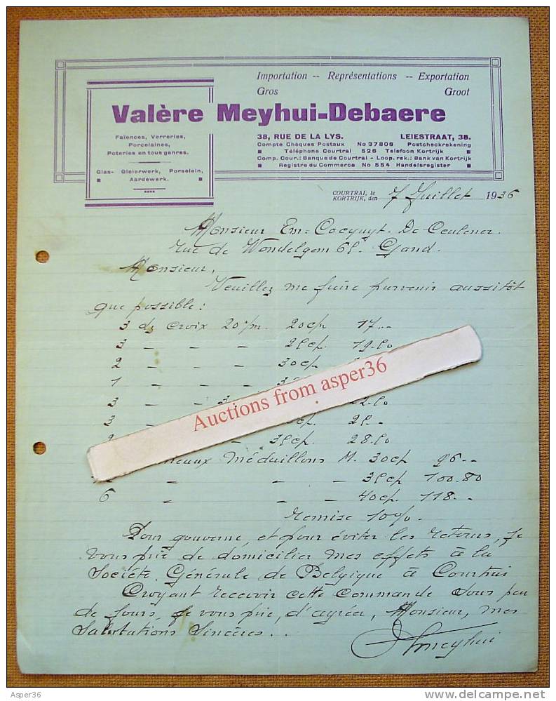 Brief "Faïences, Verreries, Valère Meyhui-Debaere, Kortrijk 1936" - 1900 – 1949