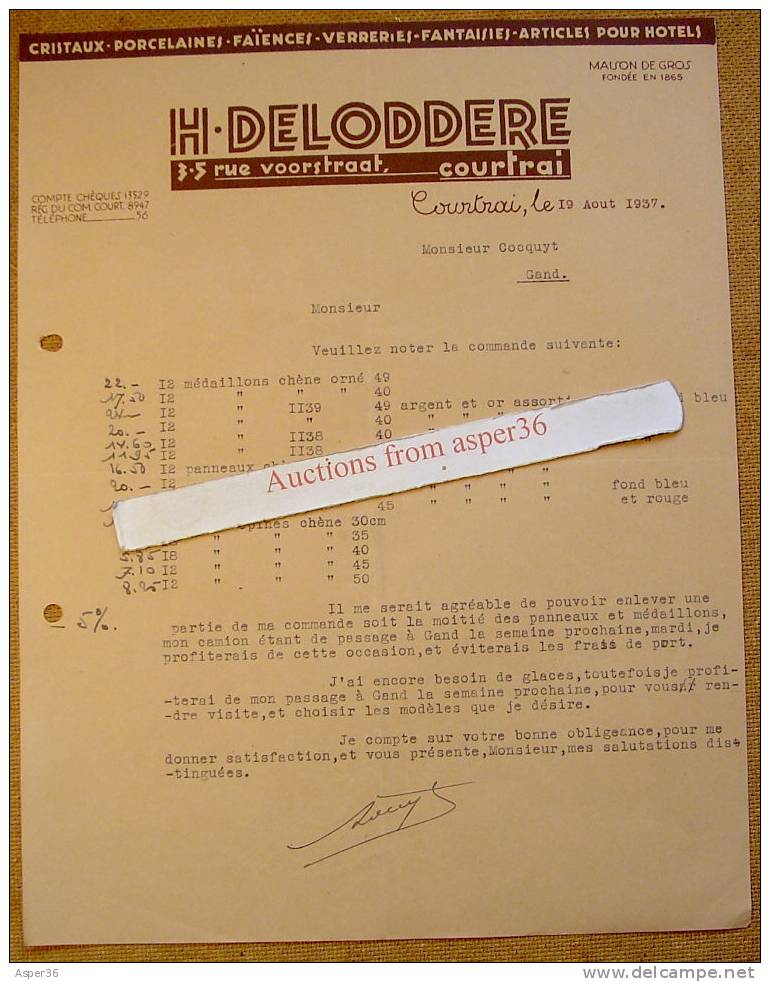Brief "Cristaux, Faïences, H. Deloddere, Kortrijk 1937" - 1900 – 1949