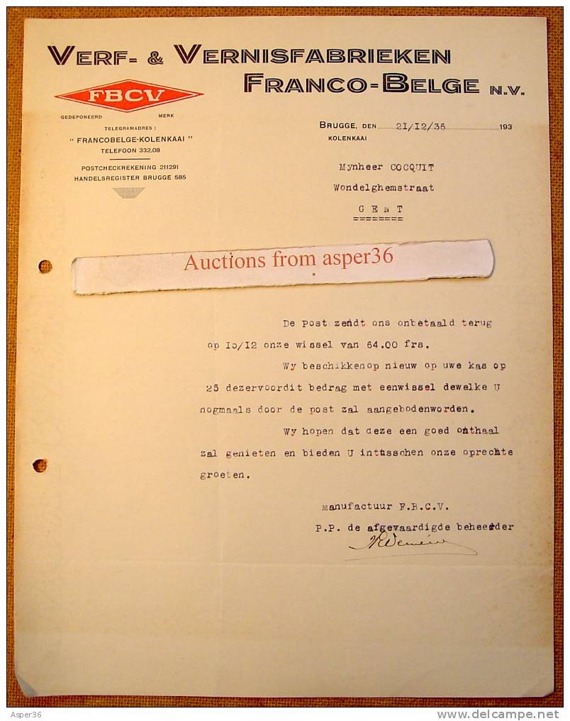 Brief "Verf & Vernisfabrieken Franco-Belge, Brugge 1936" - 1900 – 1949