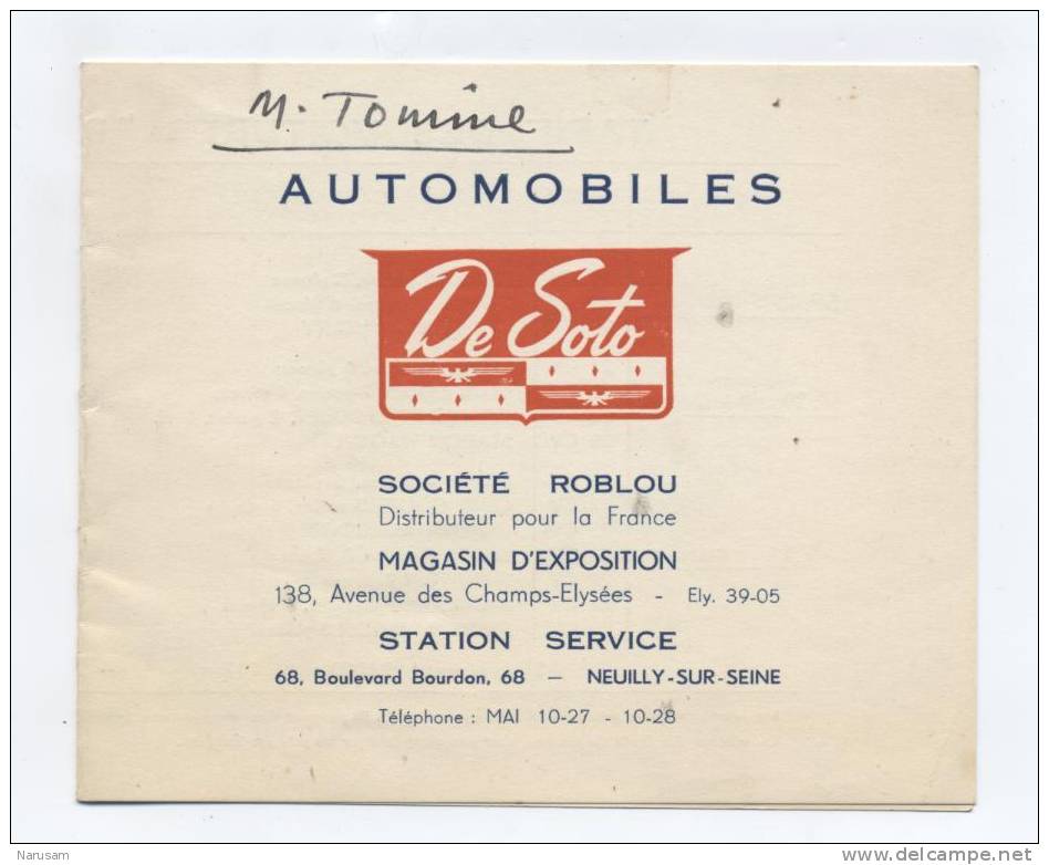 Carte De Visiste Et Tarif Automobiles DE SOTO (1950) / Paris - Neuilly Sur Seine - Cartes De Visite