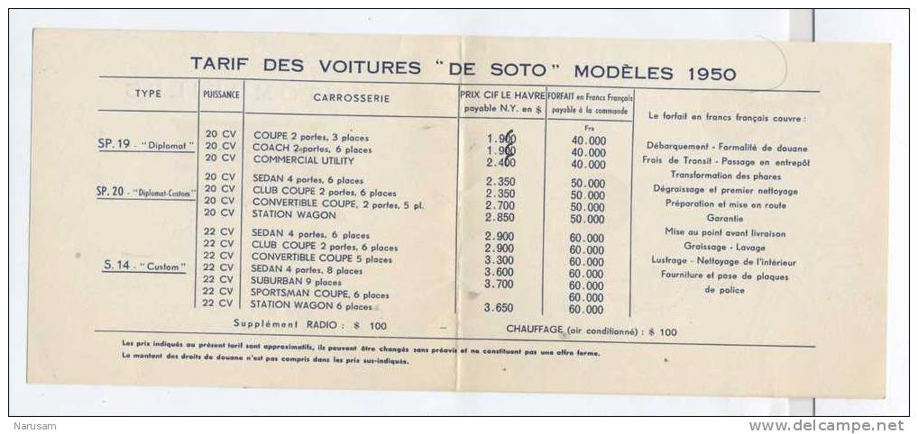 Carte De Visiste Et Tarif Automobiles DE SOTO (1950) / Paris - Neuilly Sur Seine - Cartes De Visite