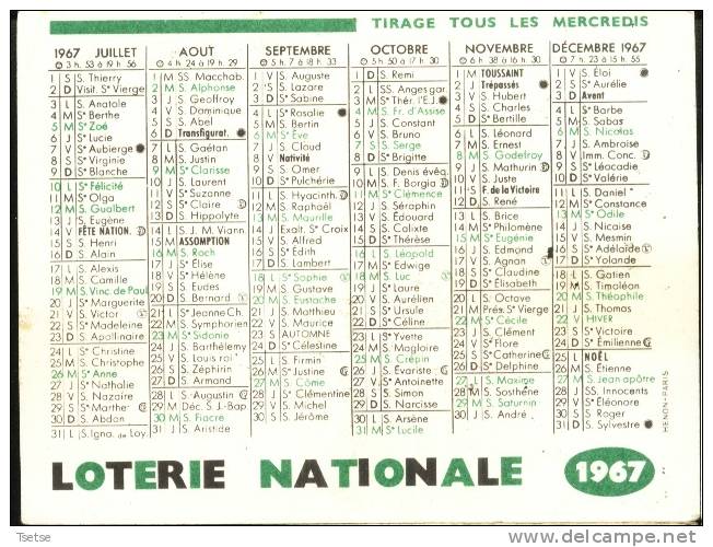 Calendrie De Poche - Pub: LOTERIE NATIONALE -1967 ( Vois Scan Des 2 Côtés ) - Kleinformat : 1961-70