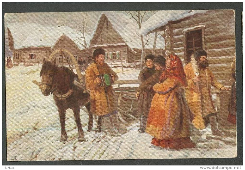 RUSSIA RUSSIAN TYPES, HOLIDAYS, KHARMOSHKA HARMONIC PLAYER, HORSE, BY LVOFF, GRANBERG EDITION VINTAGE POSTCARD - Música