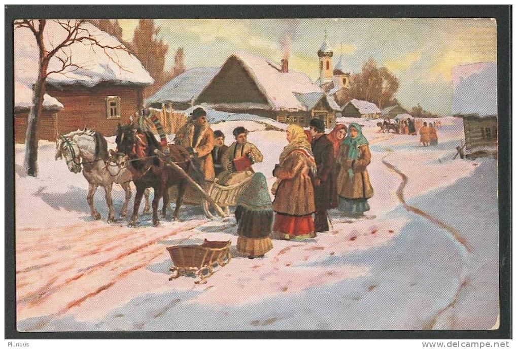 RUSSIA RUSSIAN TYPES, CHRISTMAS, KHARMOSHKA HARMONIC PLAYER, HORSE, CHURCH, BY LVOFF, GRANBERG EDITION VINTAGE POSTCARD - Musique