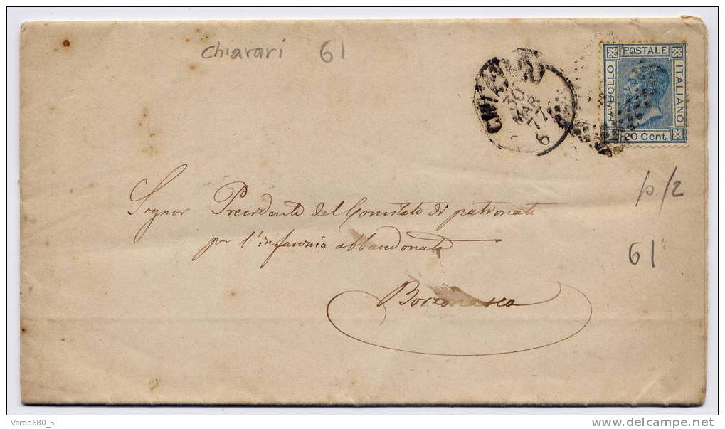 1877 Lettera Da CHIAVARI A BORZONASCA Con 20 Cent + Num - Usados