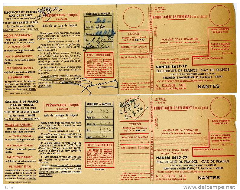 Loire Inférieure Nantes Electricité De France Gaz De France 6 Factures 11x28cm 1954 - Electricité & Gaz