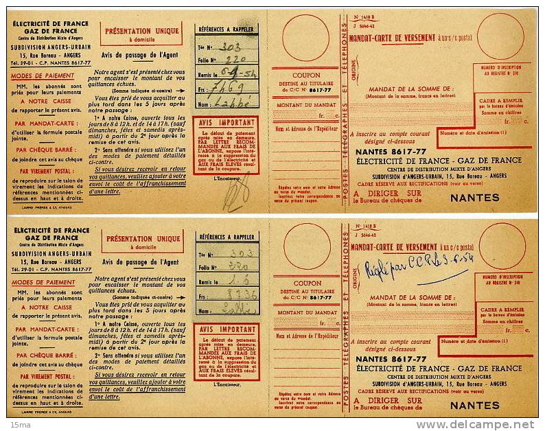 Loire Inférieure Nantes Electricité De France Gaz De France 6 Factures 11x28cm 1954 - Electricity & Gas