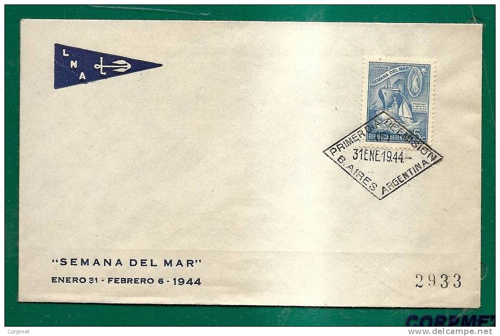 ARGENTINA - SEMANA DEL MAR - SEA WEEK - 1944 Numbered FDC At Back ADVERTISEMENT From The LIGA NAVAL ARGENTINA - Maritime