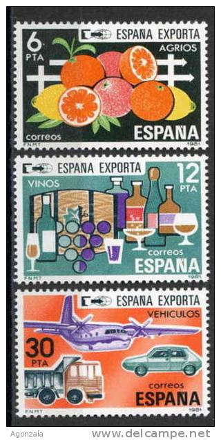 SERIE TIMBRES ESPAGNE NOUVEAUX 1981 EXPORTATIONS D´ ORANGES CITRONS VINS RAISINS BOUTEILLES AVIONS AUTOMOBILES CAMIONS - Alimentación