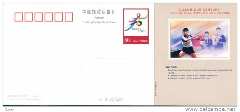 Chinese Table Tennis Tennis Tavolo  World Champion -- Yan Sen ,   Pre-stamped Card  , Postal Stationery - Postcards