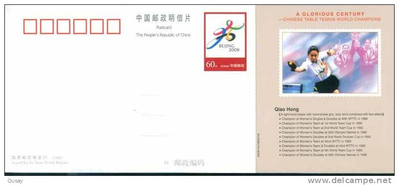 Chinese Table Tennis Tennis Tavolo  World Champion -- Qiao Hong,   Pre-stamped Card  , Postal Stationery - Postcards