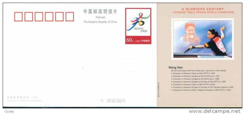 Chinese Table Tennis Tennis Tavolo  World Champion -- Wang Nan,   Pre-stamped Card  , Postal Stationery - Postkaarten