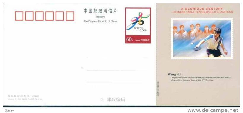 Chinese Table Tennis Tennis Tavolo  ) World Champion -- Wang  Hui ,   Pre-stamped Card  , Postal Stationery - Postcards