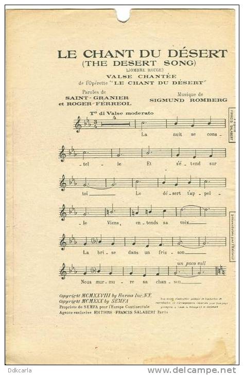 Oud Muziekblaadje - 1928 - Le Chant Du Désert - Opérette A Grand Spectacle - Sonstige & Ohne Zuordnung