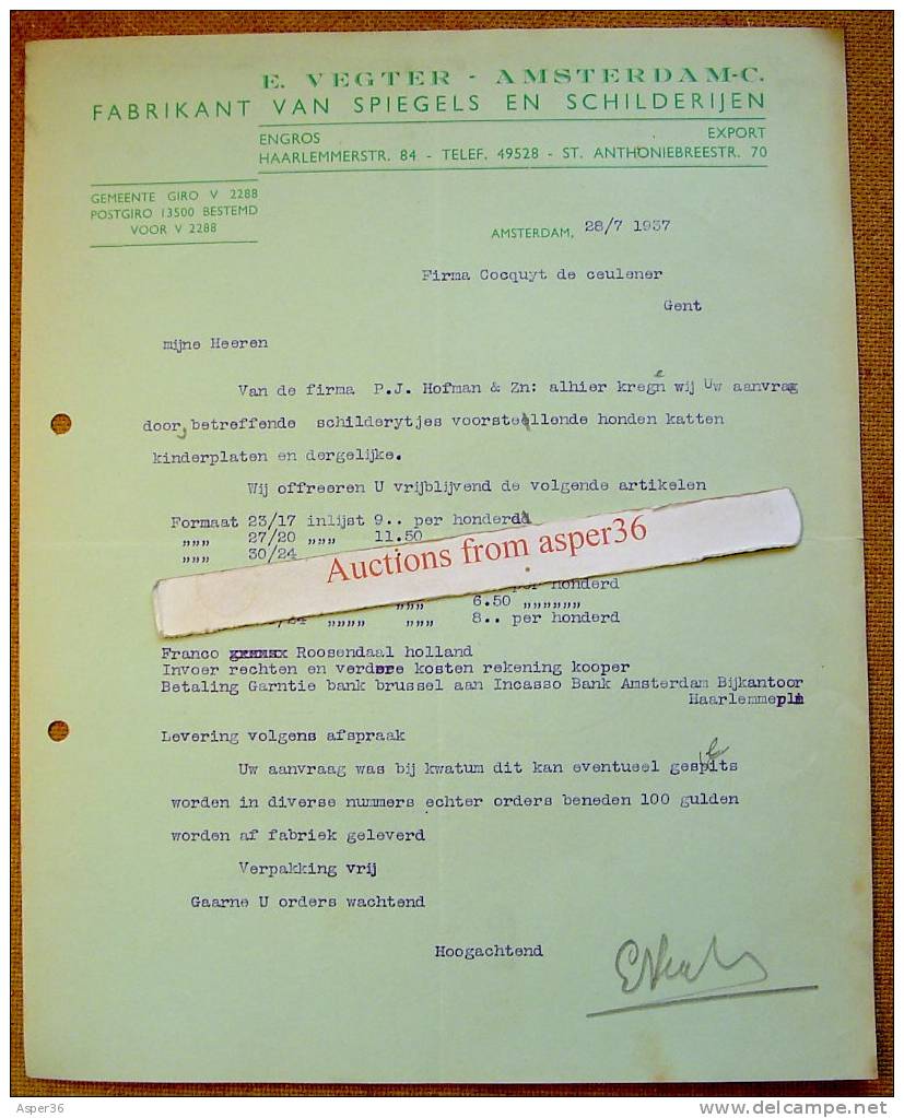 Brief "Fabrikant Van Spiegels, Vegter, Amsterdam 1937" Nederland - Niederlande