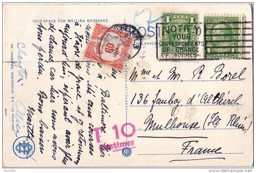 ETATS UNIS - TAXE FRANCE 60c - BELLE CARTE - TAXE DEFECTUEUX - 1859-1959 Storia Postale