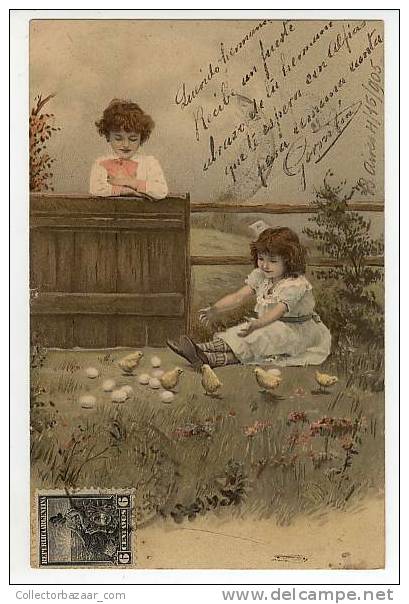 VINTAGE POSTCARD POSTAL CPA Happy Easter.Chicken Rooster Poulets A Girl And A Boy Playing With Chicks - Pascua