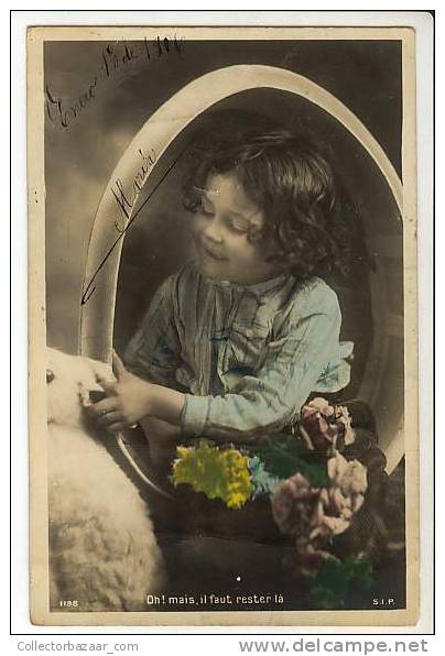 VINTAGE POSTCARD POSTAL CPA  Happy Easter. A Boy With A Rabbit.Oh! Mais ,il Faut Rester Lá - Pascua