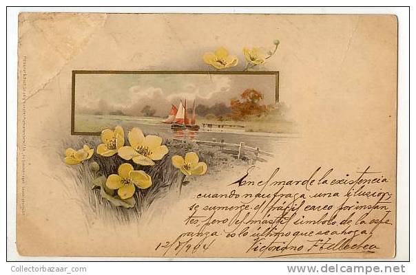 VINTAGE POSTCARD POSTAL CPA Yellows Flowers Sailing Boats - Otros & Sin Clasificación