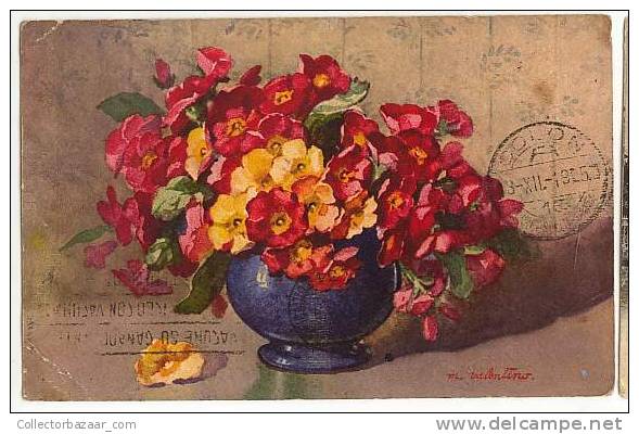 VINTAGE POSTCARD POSTAL CPA A Vase With Colourfull Flowers - Otros & Sin Clasificación