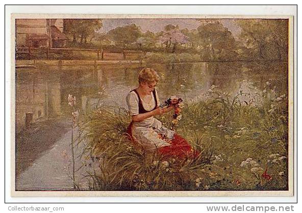 VINTAGE POSTCARD POSTAL CPA A Woman Collecting Flowers Making A Decoration - Otros & Sin Clasificación