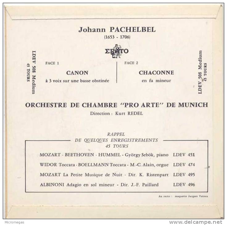 45T   Le Célèbre Canon De Pachelbel, Kurt Redel - Klassik