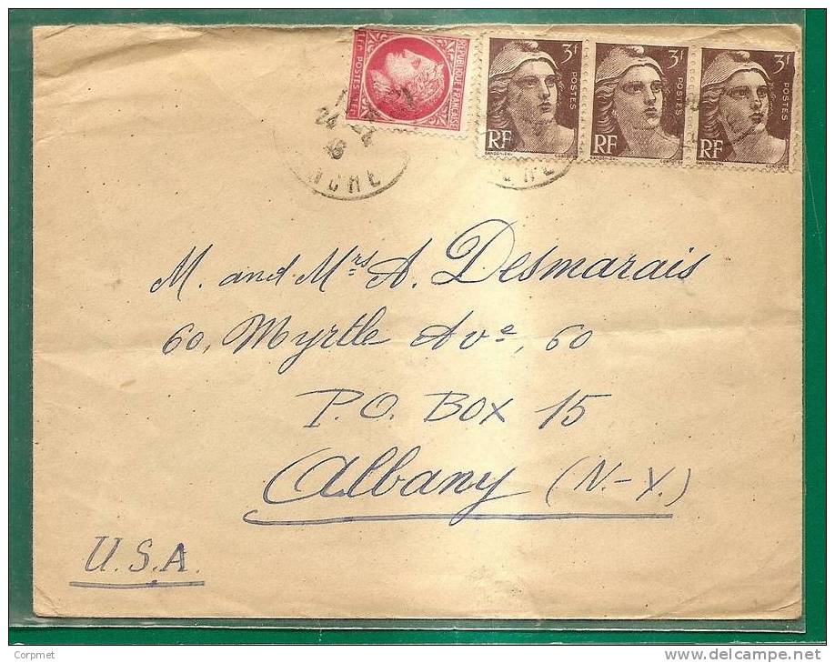 FRANCE - 1948 COVER BRICQUEBEC To ALBANY - Trio Of Marianne De Gandon - Yvert # 715 + 1f Stamp - 1945-54 Marianne De Gandon