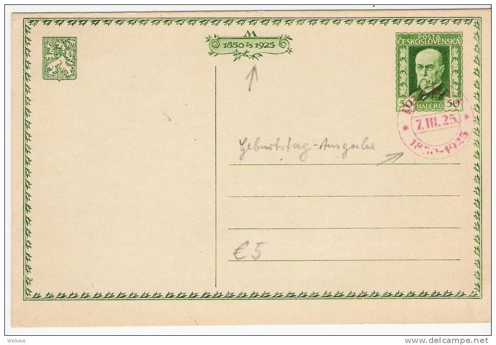 Tsc110a/  CSSR - Sonder-GA Zum Geburtstag Von Masaryk 1925, Roter Stempel - Enveloppes