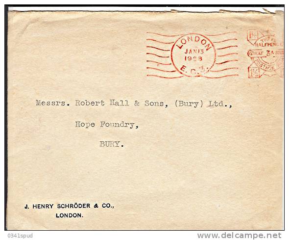1928  Great Britain  EMA Metercancel Freistempel  Henry Schroder - Briefe U. Dokumente