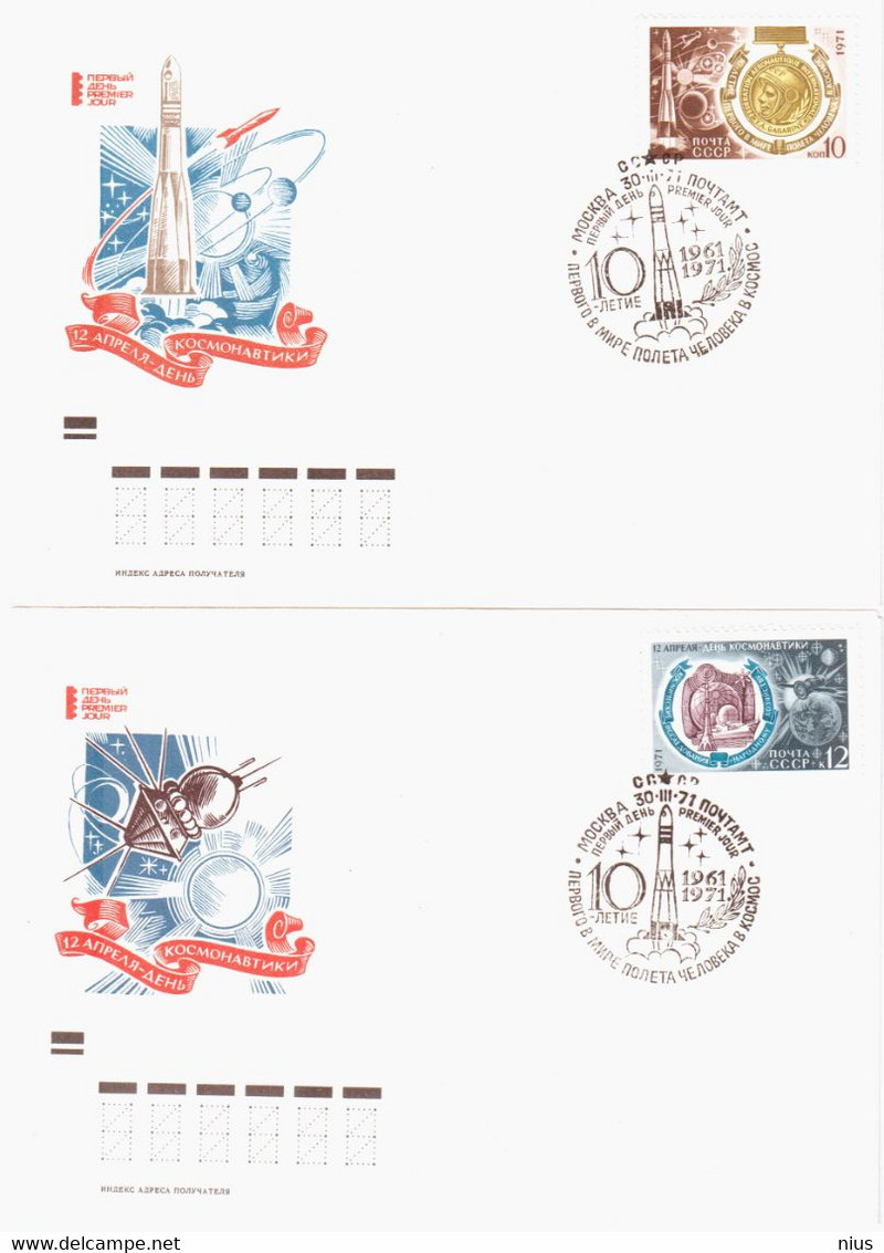 Russia USSR 1971 FDC X2 Cosmonautics Day, Cosmos Space Rocket - FDC