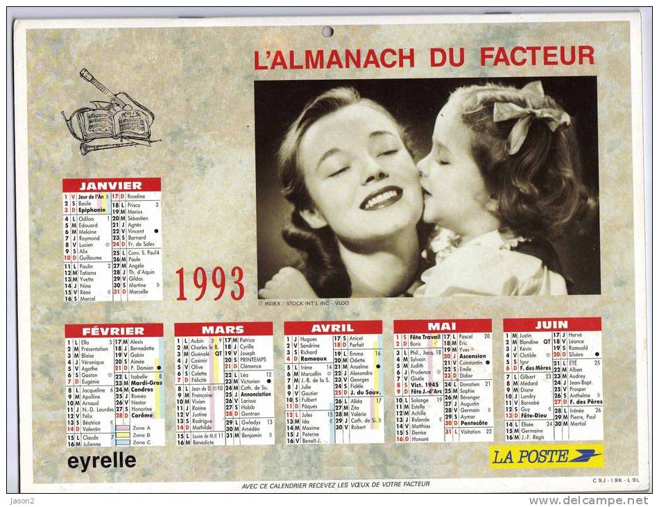 Calendrier De La Poste 1993  EYRELLE(region Parisienne) - Groot Formaat: 1991-00