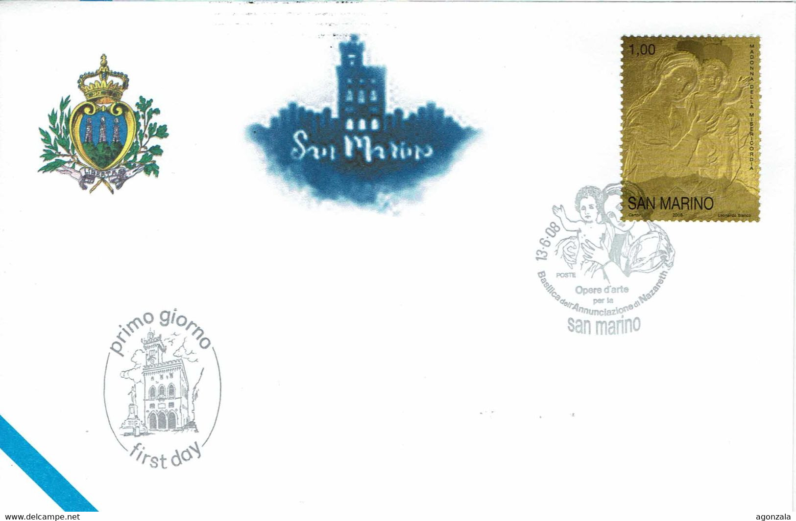 FDC SAN MARINO OPÈRE D'ART PAR LA BASILIQUE DE L'ANNONCIATION DE NAZARET - TIMBRE EN RELIEF DE VIERGE DE LA MISÉRICORDE - Madones