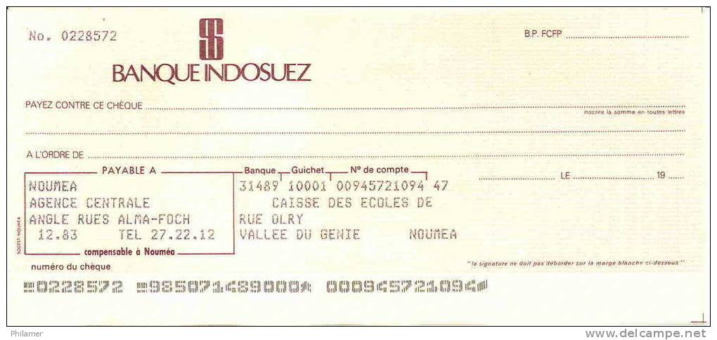 Nouvelle Caledonie Caledonia Cheque Neuf Banque (Indochine) Indosuez (westpac Puis Societe Genrale NC, Circa 1970 - Ohne Zuordnung