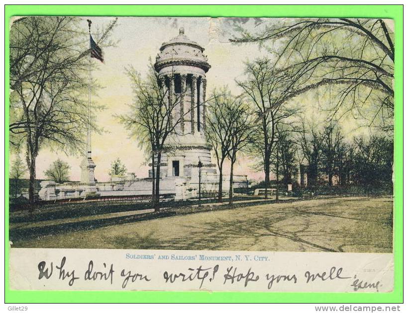 NEW YORK CITY, NY  - SOLDIER'S AND SAILOR'S MONUMENT - TRAVEL IN 1906 - SPARKLES - UNDIVIDED BACK - - Other Monuments & Buildings