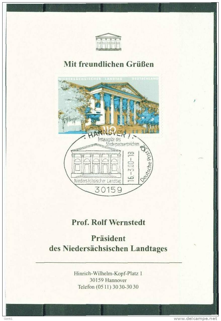 Bund 2000 Heimatbeleg Hannover Mit Mi.Nr. 2104 MiF  Sonderkarte D. Landtagspräsidenten  "Landesparlamente In Deutschland - Lettres & Documents