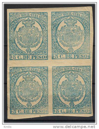 1888 Cuba Timbre Móvil 5 Cts En Bloque De 4 Nuevo Con Goma Original - Fiscale Zegels